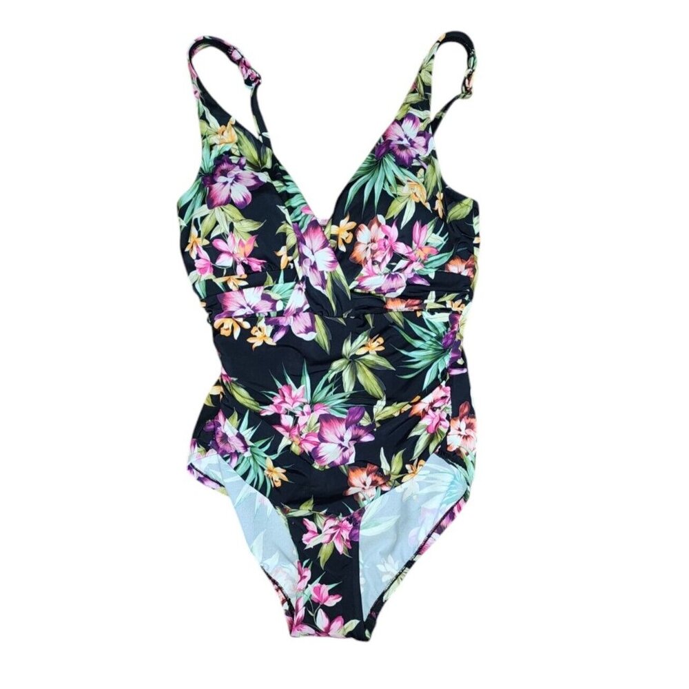 Shape & Style by‎ Aqua Green Swimsuit Womens Size 10 Black Floral One Piece NWT